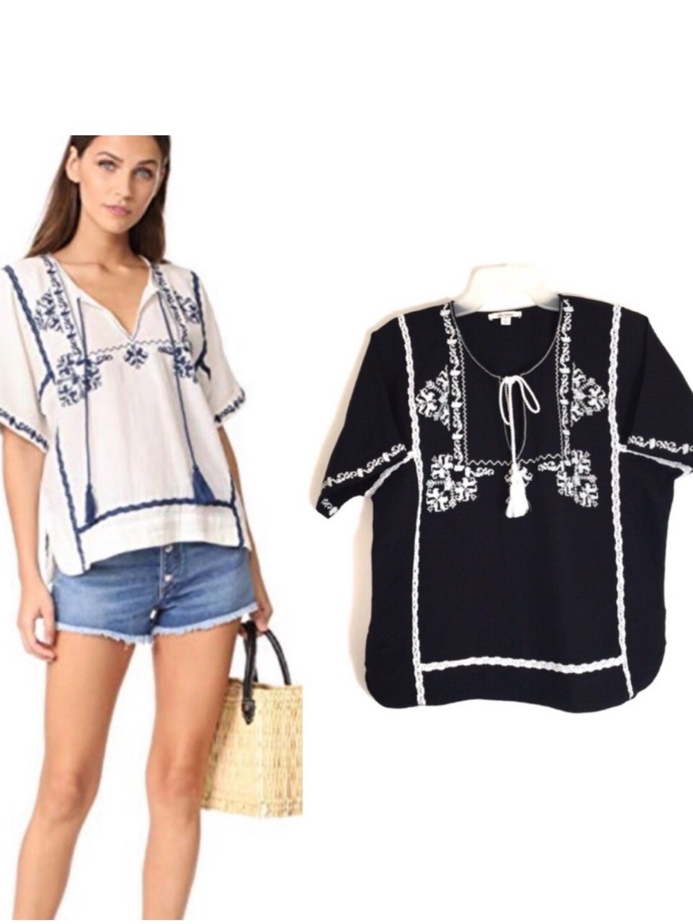 Ella Moss Embroidered V-Neck Women's Top in White and Black Size XS